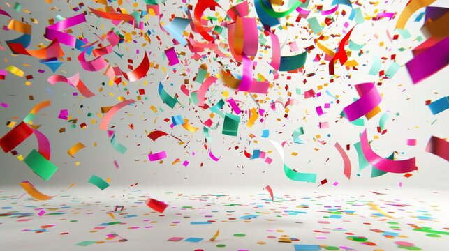Colorful confetti cascading through the air, creating a festive and joyous atmosphere with vibrant pieces floating against a light background.