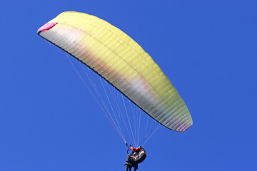 Tandem Paraglider flying in a blue sky	