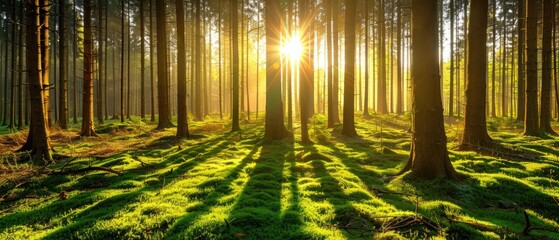 Serene Lush Green Forest Illuminated by Sunlight Filtering Through Trees