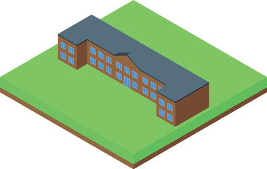 Colorful isometric illustration of a modern school building on a green square base