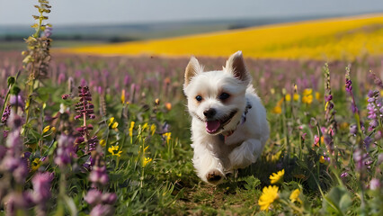 Small white fluffy purebred dog runs through a flowering field. yellow-lilac flowers