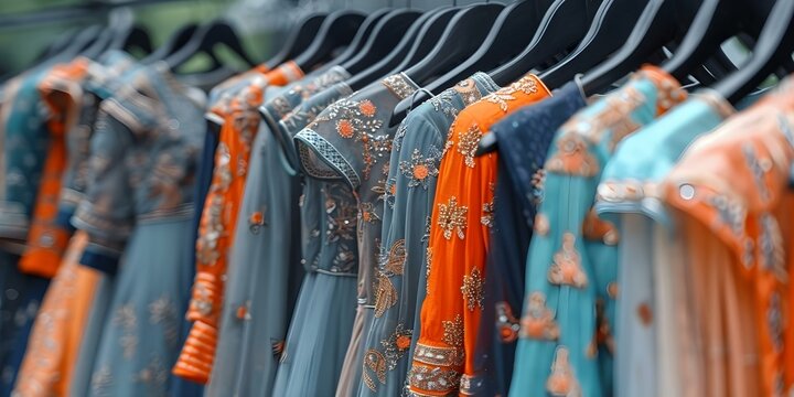 Indian Women's Fashion Dresses Displayed on Hangers in Retail Store: A Close-Up View. Concept Indian Fashion, Women's Dresses, Clothing Display, Hangers, Retail Store