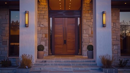 Luxurious Home Entrance With Wooden Door And Elegant Wall Sconces. Generative AI
