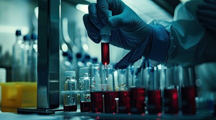 Test tubes with blood in the laboratory. Selective focus.