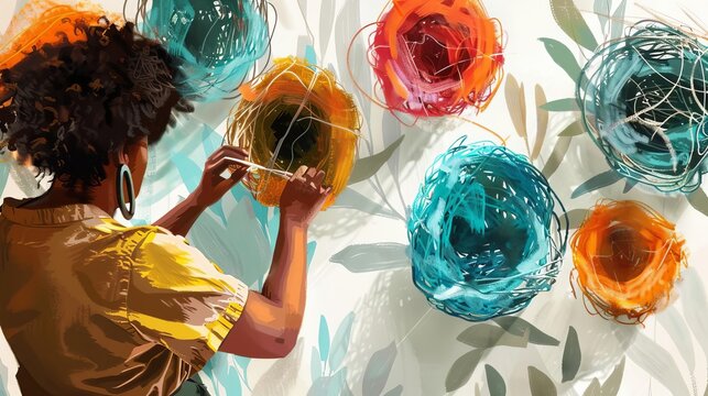 crafty diy enthusiast creating a unique plastic nest wall hanging concept illustration