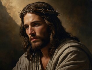 Dramatic portrait of a serious Jesus Christ with Crown of Thorns and expressive eyes, on a dark brown background.