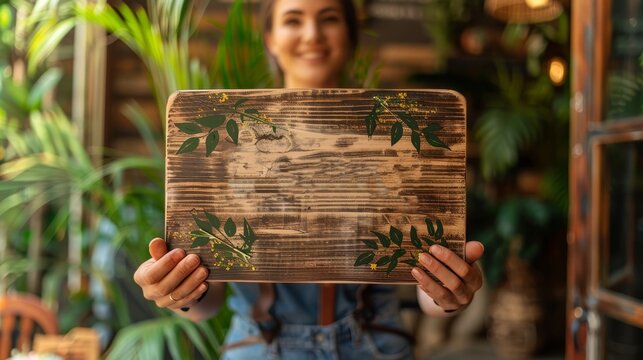 Cheerful Person Holding Welcome Sign with Vibrant Background, Inviting Guests to Enter
