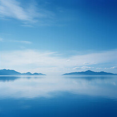 A calm lake with mountains and white clouds in the distance