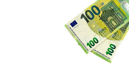 100 euro banknotes. A close-up of two 100 Euro banknotes on a white background. This image is suitable for financial concepts, business, currency exchange, and banking promotions, offering a clear, 
