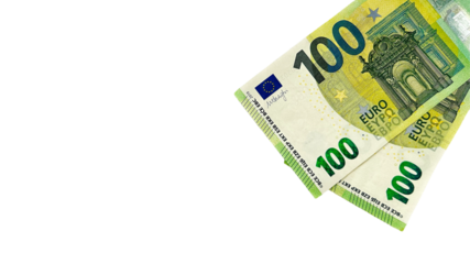 100 euro banknotes. A close-up of two 100 Euro banknotes on a white background. This image is suitable for financial concepts, business, currency exchange, and banking promotions, offering a clear, 
