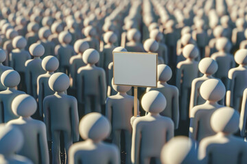 Fototapeta premium A large group of faceless figures stands closely packed together outdoors in daylight, one figure holding a blank sign, with the sun casting long shadows
