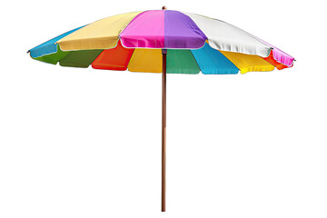 Obraz premium Vibrant multicolored beach umbrella isolated on white background, perfect for sunny summer days at the beach or poolside.