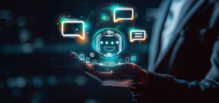 young businessman holding chatbot icon