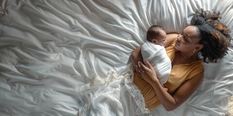 Tender Moment Between Mother and Infant in Bed.
