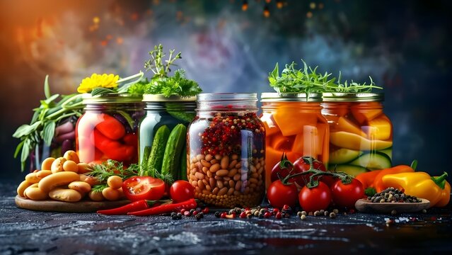 Preserving Summer Harvest: Glass Jars filled with Pickled Vegetables and Herbs. Concept Preserving Techniques, Home Canning, Pickling Tips, Harvest Season, Vegetable Preservation