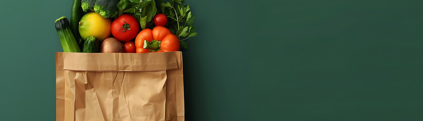 Brown Paper Bag Filled with Colorful Fruits and Vegetables on Green Background