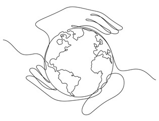 planet earth in world care concept with caring hand thin line illustration