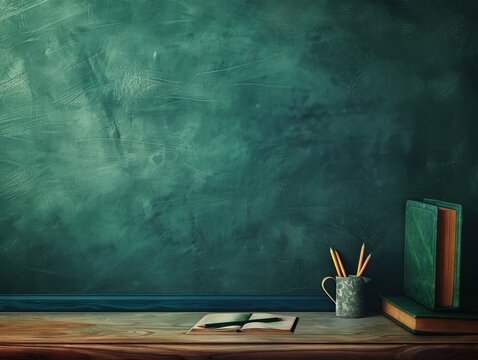Vintage classroom setup with empty chalkboard, books, notebook, and pencils on wooden desk, evoking nostalgic educational atmosphere.