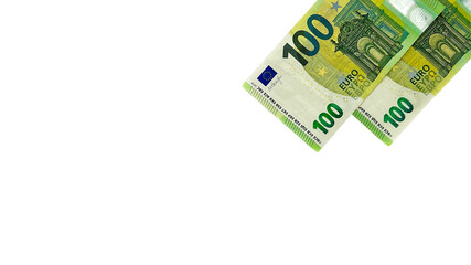 Two 100 euro banknotes on a clean white background. Suitable for financial services, banking, investment, currency exchange, and business-related concepts.