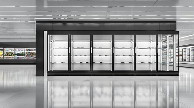 empty glass door refrigerators in supermarket aisle retail display mockup