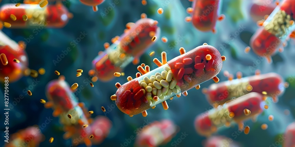 Poster 3d render of lactobacillus bifidobacterium with flying molecules in capsule form. concept microbiolo