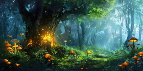 Papier peint photo Fées et elfes Fantasy forest with glowing mushrooms.  © banthita166