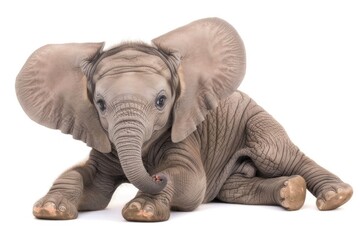Fototapeta premium Adorable baby elephant with big ears and a small trunk isolated on white background