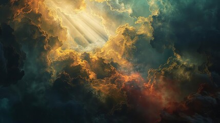 Fototapeta premium ethereal ray of light piercing through dramatic clouds atmospheric abstract landscape ai generated artwork