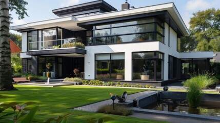 Fototapeta premium A contemporary suburban house with an eye-catching black and white design, large windows, and a flat roof. The front yard features a beautifully arranged garden with a small pond and fountain.