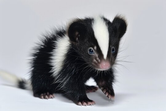 Cute baby skunk with a fluffy tail isolated on white background