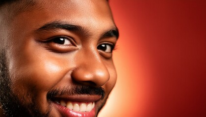 Fototapeta premium a person with one eyebrow raised, lips curved in a smirk, and eyes twinkling with amusement. on red background