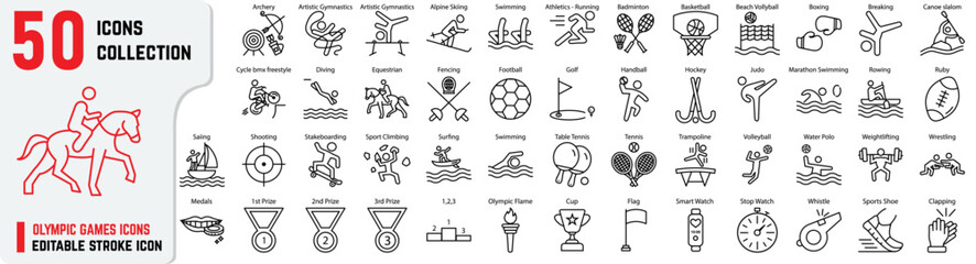 Olympic games related editable stroke icons includes athlete, running, swimming, basketball, boxing, ski, Olympic 50+ thin icon collections