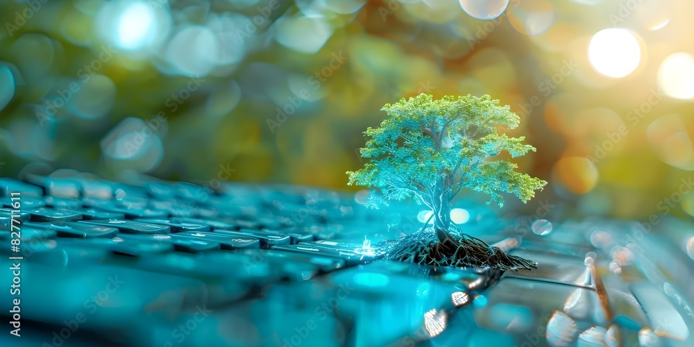 Poster harmonizing nature and technology: glowing tree on computer keyboard with copy space and selective f