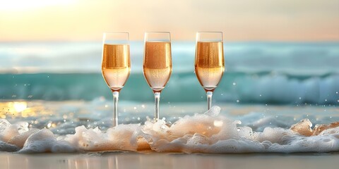 Capturing a serene beachside celebration with sparkling champagne glasses. Concept Beachside Celebration, Champagne Toast, Serene Atmosphere, Elegant Setting