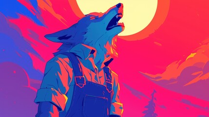 Illustration of a wolf cartoon wearing overalls howling at the moon in 2d format