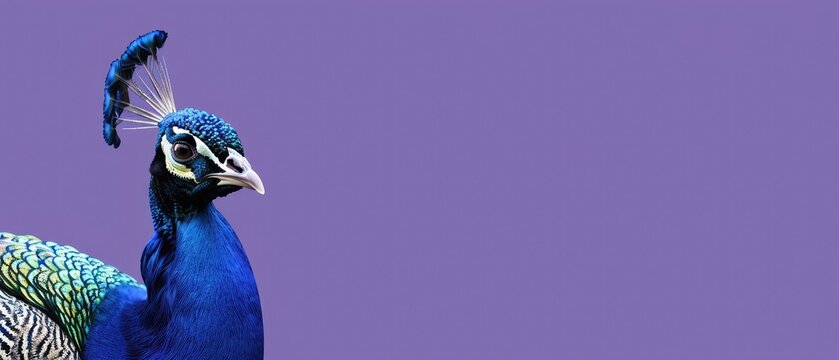 Elegant peacock with ample copyspace on a purple background