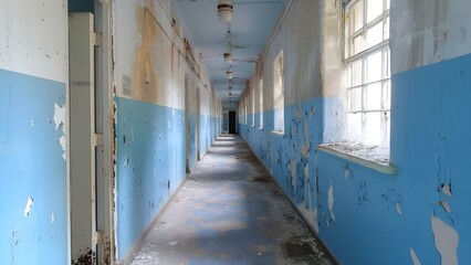 Fototapeta premium An eerie hallway in an abandoned mental hospital evokes haunting memories. Concept Eerie, Abandoned Mental Hospital, Hallway, Haunting Memories