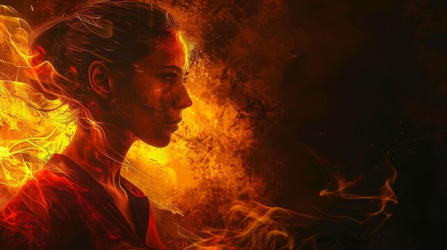 fiery woman walking through flames tenacious and resilient female portrait black background digital painting