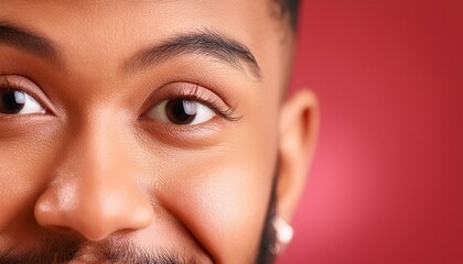 a person with one eyebrow raised, lips curved in a smirk, and eyes twinkling with amusement. on red background