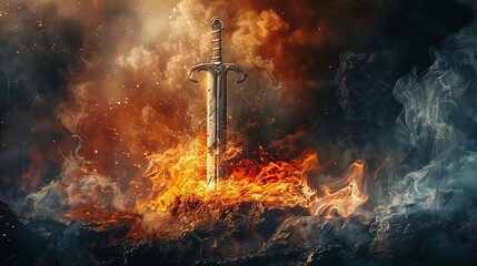 flaming excalibur sword stuck in stone fantasy medieval blade smoke and flames digital painting