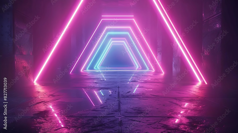 Poster futuristic 3d abstract neon light background with dark empty space and glowing geometric shapes