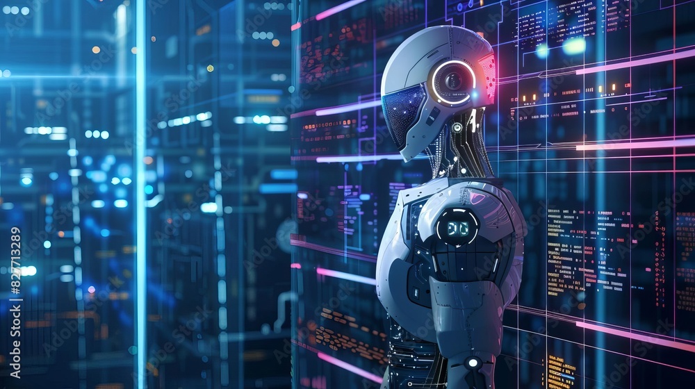 Poster futuristic artificial intelligence ai technology concept robotic business assistant machine learning