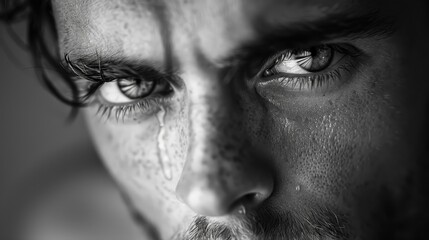 Obraz premium A man with a beard and dark eyes is crying