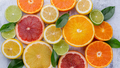 Citrus fruit slices background. Orange and lime, lemon and grapefruit. Organic natural healthy food