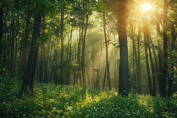 sun light in green woods landscape