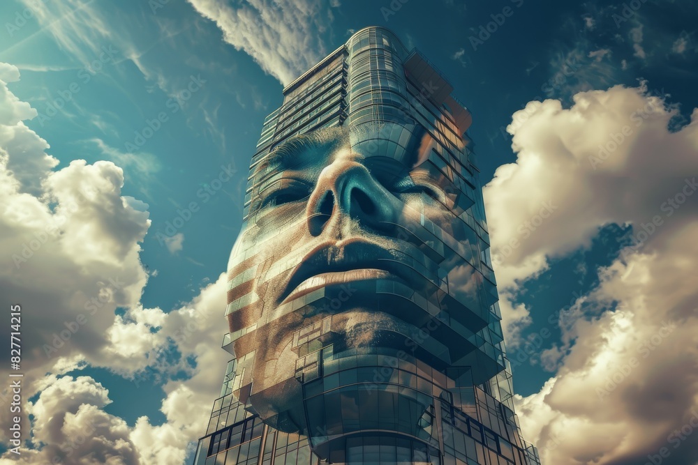 Poster digital art of a human face blending with buildings and clouds, representing abstract and futuristic