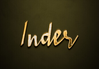 Old gold text effect of Hindi name Inder with 3D glossy style Mockup.