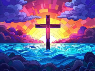 Stained Glass Cross in Body of Water