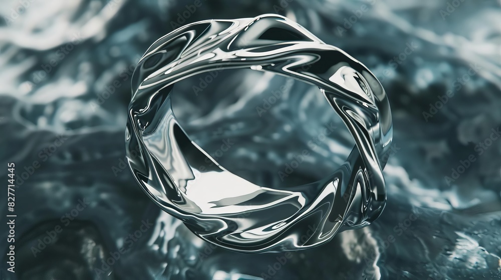 Aufkleber futuristic silver ring with liquid metal texture floating in void abstract chrome shape modern scifi