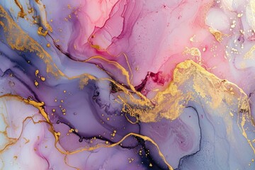 Abstract watercolor liquid fluid paint, pastel, purple, pink color and golden lines marbled background, AI generated